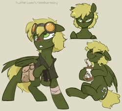 Size: 1560x1425 | Tagged: safe, artist:crimmharmony, oc, oc only, oc:murky, species:pegasus, species:pony, fallout equestria, bag, bandage, fallout equestria: murky number seven, fanfic art, goggles, male, pipbuck, radaway, saddle bag, simple background, stallion
