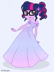 Size: 1536x2048 | Tagged: safe, artist:artmlpk, character:twilight sparkle, character:twilight sparkle (scitwi), species:eqg human, my little pony:equestria girls, adorable face, adorkable, alternate hairstyle, beautiful, bracelet, clothing, cute, dork, dress, female, flower, flower in hair, gown, hair, jewelry, looking at you, necklace, open mouth, outfit, party dress, pigtails, simple background, smiley face, smiling, smiling at you, solo, white background