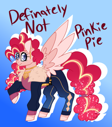 Size: 2901x3296 | Tagged: safe, artist:crazysketch101, oc, oc only, oc:definitely not pinkie pie, species:pegasus, species:pony, clothing, ear piercing, earring, freckles, jacket, jewelry, misspelling, necklace, not pinkie pie, pants, piercing, solo