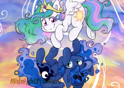 Size: 1400x1000 | Tagged: safe, artist:midnightpremiere, character:princess celestia, character:princess luna, species:alicorn, species:pony, cute, cutelestia, digital art, duo, female, lunabetes, mare, royal sisters, siblings, sisters, smiling, upside down