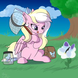 Size: 2000x2000 | Tagged: safe, artist:aurorafang, oc, oc only, oc:bay breeze, species:pegasus, species:pony, adorable face, animal crossing, bow, butterfly, cloud, cute, determined, female, flower, grass, hair bow, jar, mare, net, simple background, sky, solo, tail bow, tree