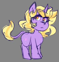 Size: 981x1023 | Tagged: safe, artist:cubbybatdoodles, character:dinky hooves, parent:derpy hooves, parent:ponet, parents:ponetderp, species:pony, species:unicorn, alternate universe, curved horn, cutie mark, female, filly, gray background, horn, leonine tail, simple background, solo