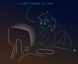Size: 825x677 | Tagged: safe, artist:quint-t-w, oc, oc only, oc:turbulence, species:bat pony, species:pony, bat pony oc, bat wings, chair, computer mouse, computer screen, desk, dexterous hooves, eeee, fangs, female, gradient background, i can't clop to this, keyboard, meme, minimalist, modern art, reaction image, solo, talking, underhoof, wings