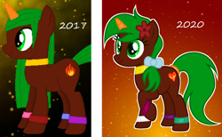 Size: 1280x788 | Tagged: safe, artist:razorbladetheunicron, base used, oc, oc only, oc:razor blade, species:pony, species:unicorn, bow, bracelet, choker, colored horn, comparison, flower, flower in hair, hair bow, horn, jewelry, old vs new, solo