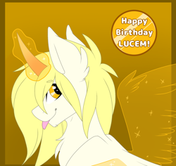 Size: 2000x1886 | Tagged: safe, artist:melodytheartpony, oc, oc:lucem diem, species:pony, species:unicorn, artificial wings, augmented, birthday, blep, cute, fluffy, glowing horn, happy birthday, horn, looking at you, magic, magic wings, male, tongue out, wings