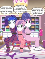 Size: 785x1018 | Tagged: safe, artist:robukun, character:cookie crumbles, character:rarity, character:sweetie belle, my little pony:equestria girls, arm behind back, bondage, bound and gagged, cloth gag, clothing, equestria girls-ified, female, footed sleeper, footie pajamas, gag, mother and child, mother and daughter, mother's day, muffled words, nightgown, otn gag, over the nose gag, pajamas, siblings, sisters, sleep mask, tied up
