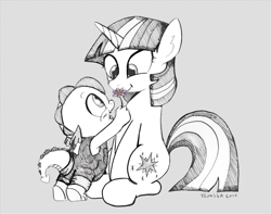 Size: 742x586 | Tagged: safe, artist:mamatwilightsparkle, character:spike, character:twilight sparkle, species:dragon, species:pony, species:unicorn, baby, baby spike, clothing, comic, duo, flower, happy, mama twilight, monochrome, neo noir, overalls, partial color, smiling, tumblr, tumblr:mama twilight sparkle, younger