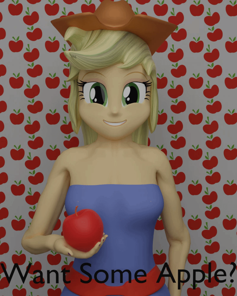 Size: 800x1000 | Tagged: safe, artist:bluest, character:applejack, my little pony:equestria girls, 3d, animated, apple, female, food, gif, looking at you, one eye closed, smiling, smiling at you, wink, winking at you