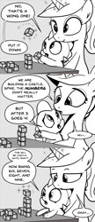 Size: 896x2076 | Tagged: safe, artist:mamatwilightsparkle, character:princess cadance, character:spike, species:dragon, species:pony, species:unicorn, baby, baby spike, blocks, building, comic, demanding, dialogue, like mother like son, monochrome, ocd, playing, table, tumblr, tumblr:mama twilight sparkle, younger