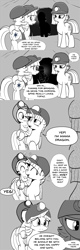 Size: 960x3000 | Tagged: safe, artist:mamatwilightsparkle, character:limestone pie, character:spike, character:twilight sparkle, species:dragon, species:pony, species:unicorn, baby, baby spike, cave, comic, dialogue, diaper, harsher in hindsight, headlamp, heart, helmet, mama twilight, mining helmet, monochrome, prejudice, riding, sad, tumblr, tumblr:mama twilight sparkle, younger