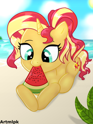 Size: 1536x2048 | Tagged: safe, artist:artmlpk, character:sunset shimmer, species:pony, species:unicorn, adorable face, adorkable, alternate hairstyle, beach, beautiful, cute, cutie mark, digital art, dork, eating, female, food, fruit, herbivore, leaf, looking down, ocean, plant, ponytail, prone, shimmerbetes, solo, sun, tropical, trypophobia, water, watermelon