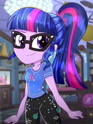Size: 1536x2048 | Tagged: safe, artist:artmlpk, character:twilight sparkle, character:twilight sparkle (scitwi), species:eqg human, my little pony:equestria girls, adorable face, adorkable, beautiful, bedroom, clothing, cute, digital art, dork, female, glasses, leggings, looking at you, looking over shoulder, ponytail, shirt, smiling, smiling at you, solo, twiabetes, watermark