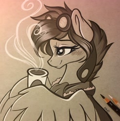 Size: 2020x2048 | Tagged: safe, artist:emberslament, oc, oc only, oc:airheart, species:pegasus, species:pony, blushing, clothing, coffee, colored pencil drawing, colored pencils, commission, cute, female, goggles, heart eyes, jacket, monochrome, scarf, simple background, traditional art, wing hands, wingding eyes, wings, ych result