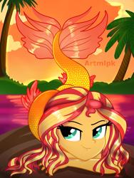 Size: 1536x2048 | Tagged: safe, artist:artmlpk, character:sunset shimmer, my little pony:equestria girls, adorasexy, adorkable, alternate hairstyle, beautiful, cute, digital art, dork, fanart, female, fins, island, looking at you, mermaid, mermaidized, not fiery shimmer, ocean, palm tree, rock, scales, sexy, shimmerbetes, smiling, smiling at you, solo, species swap, sunset, tail, tree, water, watermark
