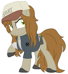 Size: 1353x1455 | Tagged: safe, artist:rukemon, oc, oc only, oc:elbow grease, species:earth pony, species:pony, bandage, belt, boots, clothing, commission, female, gloves, hat, jacket, mare, mechanic, screwdriver, shoes, simple background, smiling, smirk, solo, tank top, transparent background, wrench
