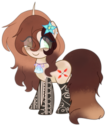 Size: 2671x3068 | Tagged: safe, artist:rukemon, oc, oc only, oc:flashy flare, species:pony, species:unicorn, commission, curved horn, ear piercing, earring, female, flower, flower in hair, freckles, horn, jewelry, mare, necklace, piercing, seashell, simple background, solo, tattoo, transparent background