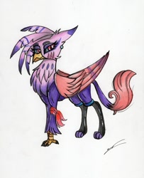 Size: 1280x1578 | Tagged: safe, artist:luxiwind, oc, oc:griffe, species:griffon, clothing, female, griffon oc, high res, leggings, solo, traditional art