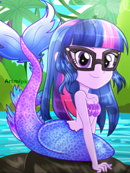 Size: 1536x2048 | Tagged: safe, artist:artmlpk, character:twilight sparkle, character:twilight sparkle (scitwi), species:eqg human, my little pony:equestria girls, adorable face, adorasexy, adorkable, adorkasexy, alternate hairstyle, bare chest, bare shoulders, beautiful, breasts, cleavage, cute, dork, female, fins, glasses, island, jungle, looking at you, loose hair, mermaid, mermaid sci-twi, mermaidized, ocean, palm tree, rock, sexy, sleeveless, smiling, smiling at you, solo, species swap, strapless, tail, tree, twiabetes, watermark