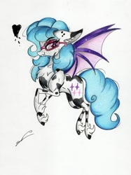 Size: 1280x1715 | Tagged: safe, artist:luxiwind, oc, oc:sonya, species:bat pony, bat pony oc, bat wings, cute, female, freckles, glasses, heart, high res, markings, solo, traditional art, wings