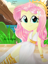 Size: 1536x2048 | Tagged: safe, artist:artmlpk, character:fluttershy, my little pony:equestria girls, adorable face, adorkable, angel, beautiful, beret, breasts, cleavage, clothing, cute, digital art, dork, goddess, grass, greek, greek goddess, greek mythology, halo, hat, looking at you, mountain, ocean, plant, shyabetes, sitting, smiling, smiling at you