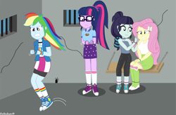 Size: 1102x725 | Tagged: safe, artist:robukun, character:coloratura, character:fluttershy, character:rainbow dash, character:twilight sparkle, character:twilight sparkle (scitwi), species:eqg human, my little pony:equestria girls, ankle cuffs, cell, cuffs, jail, prison, rara