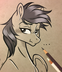 Size: 2564x2954 | Tagged: safe, artist:emberslament, oc, oc only, oc:stargazer silver, species:pegasus, species:pony, g4, blushing, colored pencil drawing, colored pencils, commission, grumpy, male, monochrome, photo, simple background, stallion, traditional art, ych result