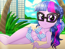 Size: 2048x1536 | Tagged: safe, artist:artmlpk, character:twilight sparkle, character:twilight sparkle (scitwi), species:eqg human, my little pony:equestria girls, adorable face, adorkable, alternate hairstyle, beach, beautiful, bikini, city, cityscape, clothing, cute, digital art, dork, female, looking at you, lying down, ocean, on side, palm tree, plant, plants, ponytail, sky, skyscraper, solo, swimsuit, tree, twiabetes, watermark