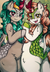 Size: 1430x2048 | Tagged: safe, artist:canvymamamoo, character:autumn blaze, character:rain shine, species:kirin, bedroom eyes, bipedal, blushing, butt, cloven hooves, cute, cute little fangs, duo, ear fluff, fangs, female, looking at you, mare, open mouth, plot, smiling