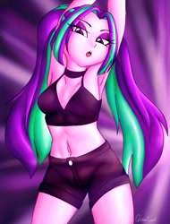 Size: 1080x1418 | Tagged: safe, artist:queentigrel, character:aria blaze, species:human, my little pony:equestria girls, ariabetes, armpits, arms in the air, bedroom eyes, belly button, breasts, choker, clothing, cute, denim shorts, exposed belly, female, midriff, multicolored hair, open mouth, pigtails, purple background, purple skin, raised arms, sexy, shorts, simple background, stupid sexy aria blaze, sultry pose, tank top, thighs, tomboy, twintails