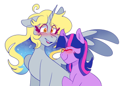 Size: 1280x907 | Tagged: safe, artist:cubbybatdoodles, character:derpy hooves, character:twilight sparkle, character:twilight sparkle (unicorn), species:alicorn, species:pony, species:unicorn, ship:twerpy, alicornified, blushing, derpicorn, female, lesbian, race swap, role reversal, shipping, simple background, transparent background