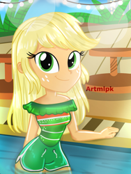 Size: 1536x2048 | Tagged: safe, artist:artmlpk, character:applejack, my little pony:equestria girls, adorable face, alternate hairstyle, beautiful, blonde hair, board shorts, city, cityscape, clothing, cute, digital art, female, freckles, green eyes, hair, jackabetes, looking at you, plant, shorts, smiley face, smiling, smiling at you, solo, swimming pool, swimsuit, tables, tomboy, vacation, water