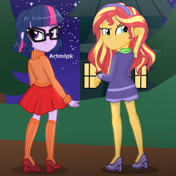 Size: 2000x2000 | Tagged: safe, artist:artmlpk, character:sunset shimmer, character:twilight sparkle, character:twilight sparkle (scitwi), species:eqg human, my little pony:equestria girls, adorkable, alternate hairstyle, beautiful, clothing, cosplay, costume, cute, daphne blake, digital art, dork, duo, female, house, looking back, night, scooby doo, shimmerbetes, short hair, socks, tree, twiabetes, velma dinkley