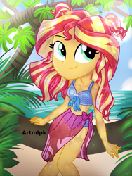 Size: 1536x2048 | Tagged: safe, artist:artmlpk, character:sunset shimmer, my little pony:equestria girls, adorable face, adorkable, alternate hairstyle, beach, beautiful, bikini, clothing, cute, digital art, dork, female, front knot midriff, island, looking at you, looking up, midriff, ocean, pigtails, plant, sarong, shimmerbetes, sitting, smiling, smiling at you, solo, swimsuit, tree, tree branch, vacation