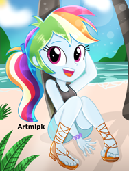Size: 1536x2048 | Tagged: safe, artist:artmlpk, character:rainbow dash, my little pony:equestria girls, adorable face, adorkable, alternate hairstyle, beach, beautiful, bracelet, clothing, cute, dashabetes, digital art, dork, feet, female, jewelry, looking at you, multicolored hair, ocean, open mouth, palm tree, pink eyes, plant, plants, ponytail, rainbow dash always dresses in style, sand, sandals, scrunchie, shorts, sitting, sleeveless, smiley face, smiling, smiling at you, solo, sun, tank top, tomboy, tree, water, wiggling toes