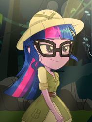 Size: 1536x2048 | Tagged: safe, artist:artmlpk, character:twilight sparkle, character:twilight sparkle (scitwi), species:eqg human, equestria girls:dance magic, g4, my little pony: equestria girls, my little pony:equestria girls, spoiler:eqg specials, adorable face, adorkable, beautiful, belt, clothing, cute, digital art, dork, female, glasses, hair, hat, jungle, light, looking up, outfit, ponytail, smiling, smirk, solo, twiabetes, walking