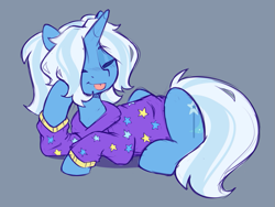 Size: 973x731 | Tagged: safe, artist:crimmharmony, character:trixie, species:pony, species:unicorn, alternate hairstyle, babysitter trixie, clothing, cute, diatrixes, eyes closed, female, hoodie, mare, prone, simple background, sketch, solo, tongue out