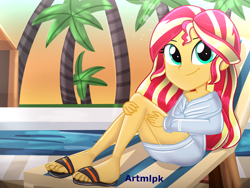 Size: 2048x1536 | Tagged: safe, artist:artmlpk, character:sunset shimmer, my little pony:equestria girls, adorable face, adorkable, alternate hairstyle, bathrobe, beautiful, clothing, cute, digital art, dork, feet, female, looking at you, palm tree, plant, robe, sandals, seat, shimmerbetes, sitting, smiling, smiling at you, solo, spa, sunset, swimming pool, tree, watermark