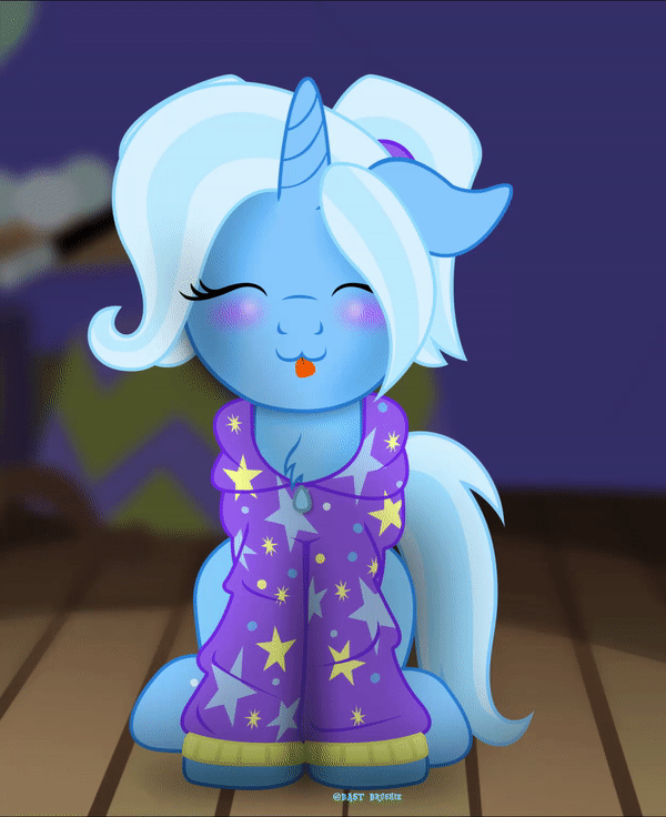 Size: 600x736 | Tagged: safe, artist:bastbrushie, gameloft, part of a set, character:trixie, species:pony, species:unicorn, animated, babysitter trixie, bastbrushie is trying to kill us, blep, blushing, chest fluff, clothing, cute, dawwww, diatrixes, eyes closed, female, fluffy, full face view, gameloft interpretation, gif, ground, happy, mare, pigtails, silly, silly pony, sitting, solo, sweat, sweater, tail, text, tongue out, twintails, wood