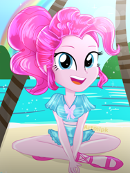 Size: 1536x2048 | Tagged: safe, artist:artmlpk, character:pinkie pie, my little pony:equestria girls, adorable face, adorkable, alternate hairstyle, beach, beautiful, bow, clothing, cute, diapinkes, digital art, dork, female, island, looking at you, midriff, open mouth, palmtree, plant, ponytail, rainbow, sandals, sitting, smiling, smiling at you, solo, swimsuit, vacation, water, watermark