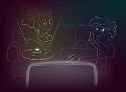 Size: 1100x800 | Tagged: safe, artist:quint-t-w, oc, oc only, oc:bit rate, oc:neural net, species:earth pony, species:pony, controller, couch, dexterous hooves, female, gradient background, headphones, hologram, looking at you, mascot, minimalist, modern art, monitor, ponyfest, reclining, smiling, translucent mane
