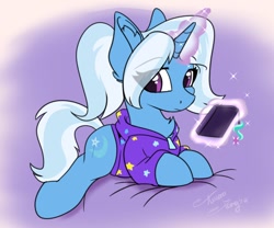 Size: 1032x860 | Tagged: safe, artist:aurorafang, gameloft, character:trixie, species:pony, species:unicorn, alternate hairstyle, babysitter trixie, cellphone, chest fluff, clothing, ear fluff, eye clipping through hair, female, gameloft interpretation, glowing horn, horn, implied starlight glimmer, jacket, lying down, magic, magic aura, mare, phone, phone charm, pigtails, ponytail, smartphone, solo, sparkles, telekinesis, twintails