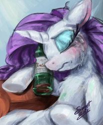 Size: 888x1080 | Tagged: safe, artist:elisdoominika, character:rarity, species:pony, species:unicorn, alcohol, blushing, crarity, crying, drunk, drunk rarity, eyes closed, female, floppy ears, lying down, mare, mascara, messy mane, red nose, red wine, sad, sleeping, solo, wavy mouth, wine, wine bottle