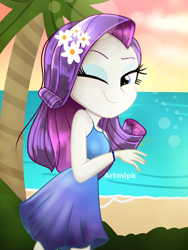Size: 1536x2048 | Tagged: safe, artist:artmlpk, character:rarity, my little pony:equestria girls, adorable face, adorasexy, adorkable, beach, beautiful, bush, cute, digital art, dork, female, flower, flower in hair, grass, looking at you, looking back, looking back at you, ocean, one eye closed, palm tree, raribetes, sexy, sleeveless, smiley face, smiling, smiling at you, solo, sunset, tree, water, watermark, wink, winking at you
