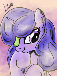 Size: 540x722 | Tagged: safe, artist:mamatwilightsparkle, oc, oc:lilian, species:pony, species:unicorn, blind in one eye, clothing, ear piercing, earring, eyepatch, jewelry, overalls, piercing, solo, tumblr