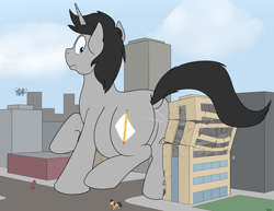 Size: 3756x2900 | Tagged: safe, artist:rapidstrike, oc, oc only, oc:greyline, species:pony, species:unicorn, building, butt, city, commission, destruction, giant pony, giant unicorn, high res, looking back, macro, male, micro, plot, solo focus