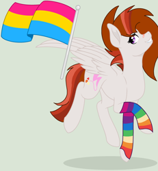 Size: 2208x2392 | Tagged: safe, artist:circuspaparazzi5678, artist:elementbases, base used, oc, oc:dusky blitz, parent:oc:breanna, parent:rainbow dash, species:pegasus, species:pony, band-aid on nose, clothing, flag waving, next generation, pansexual, pansexual pride flag, pride, pride flag, pride month, rainbow socks, socks, striped socks