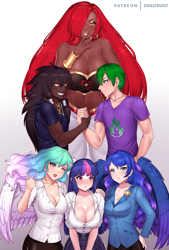 Size: 850x1260 | Tagged: safe, artist:draltruist, character:princess celestia, character:princess luna, character:spike, character:twilight sparkle, oc, oc:midnight radiance (sixpathspony), species:human, big breasts, breasts, busty princess celestia, busty princess luna, busty twilight sparkle, cleavage, commission, female, human spike, humanized, male, royal sisters, siblings, sisters, winged humanization, wings