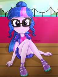 Size: 1536x2048 | Tagged: safe, artist:artmlpk, character:twilight sparkle, character:twilight sparkle (scitwi), species:eqg human, equestria girls:spring breakdown, g4, my little pony: equestria girls, my little pony:equestria girls, spoiler:eqg series (season 2), adorable face, adorasexy, adorkable, beautiful, blushing, confused, cruise ship, cute, design, digital art, dork, fanart, female, light, looking at you, outfit, ponytail, schrödinger's pantsu, sexy, sitting, solo, sun, twiabetes