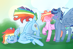 Size: 900x600 | Tagged: safe, artist:shinningblossom12, oc, oc only, oc:fairy glitter, oc:rainbow ink, oc:rainbow sky, species:pegasus, species:pony, blushing, colored hooves, dock, embarrassed, eyes closed, face down ass up, female, licking, licking lips, male, mare, multicolored hair, not rainbow dash, pegasus oc, rainbow hair, raised hoof, sleeping, spread wings, stallion, tongue out, wingboner, wings