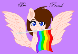 Size: 3824x2640 | Tagged: safe, artist:elementbases, base used, oc, oc only, oc:breanna, species:pegasus, species:pony, base color, base:elementbases, flag, flag waving, gay pride, gay pride flag, happy, no shading, pride, pride flag, pride month, rainbow, rainbow flag, simple, simple background, smiling, solo